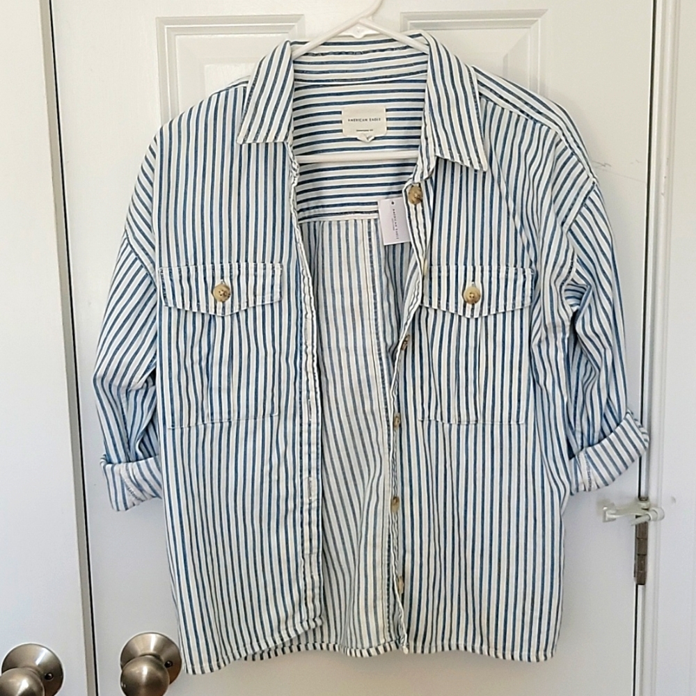 Oversized fit striped button up shirt